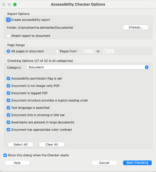 Start Checking Screenshot of the Accessibility Checker Options dialogue box.