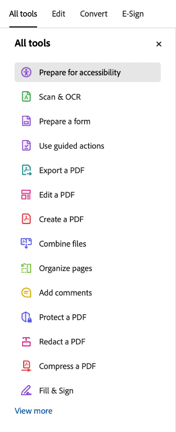 Prepare for Accessibility Screenshot of the Prepare for Accessibility option under All Tools.