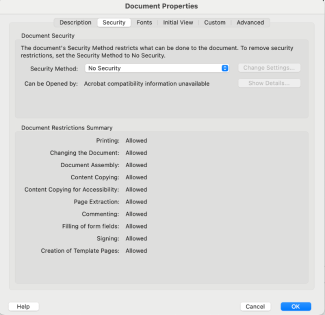 Adobe Acrobat Security Permissions Dialog Box N/A