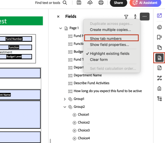 Enable display of Form Field Tabs Screenshot of how to enable display of form field tags.