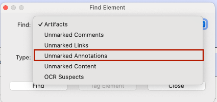 Search for Unmarked Annotations Screenshot of the dialogue box for searching for unmarked annotations in Adobe Acrobat.