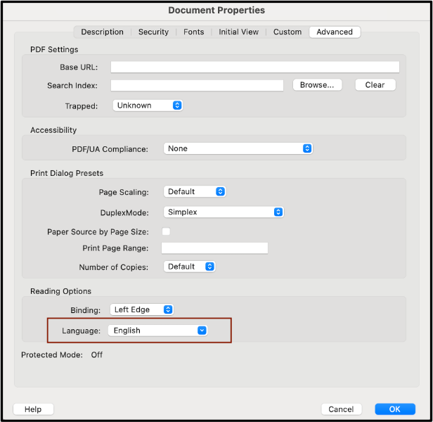 Document Properties Dialogue Box Screenshot of the Document Properties Dialogue Box. The Language section is highlighted.