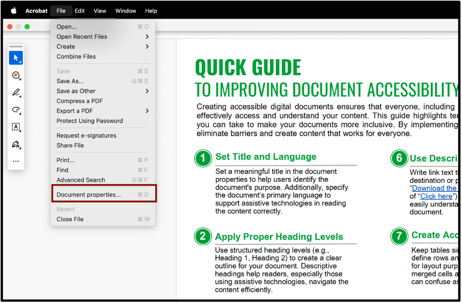 Document Properties Screenshot of the location for the Document Properties option.