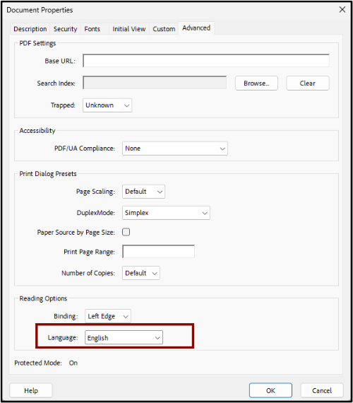 Document Properties Dialogue Box Screenshot of the Document Properties Dialogue Box. The Language section is highlighted.