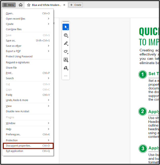 Document Properties Screenshot of the location of the Document Properties option in Adobe Acrobat.