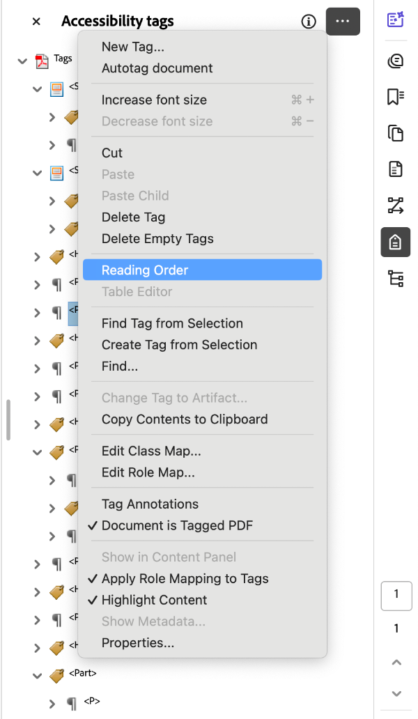 Reading Order Option in Tags Panel