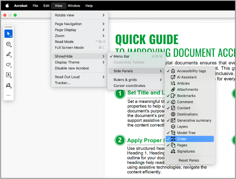 Side Panel Options Screenshot of how to access windows to add to the Side Panel.