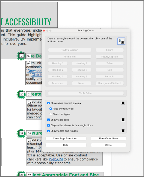Reading Order Dialogue Box Screenshot of the Reading Order dialogue box.