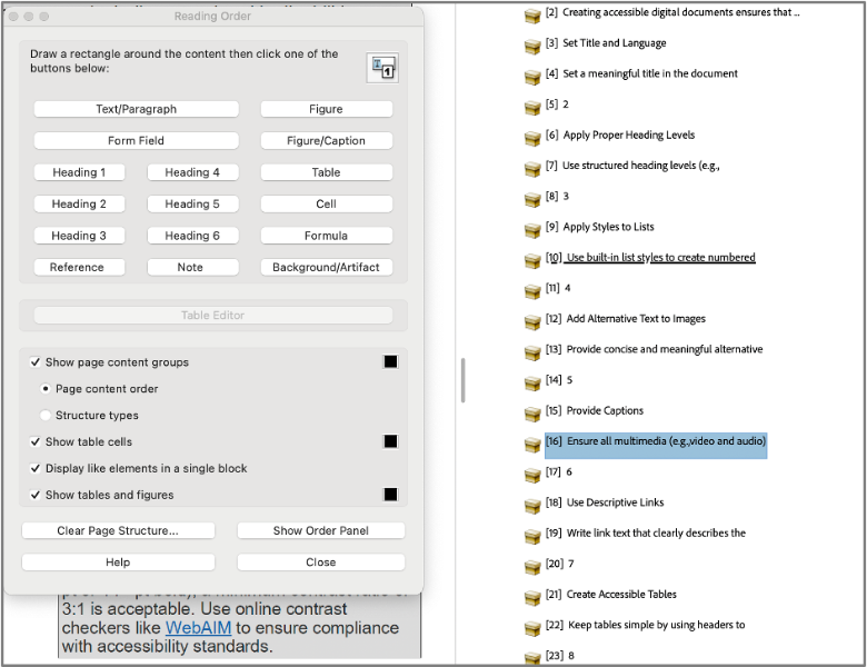 Content in the Reading Order Pane Screenshot of content in the Reading Order pane.