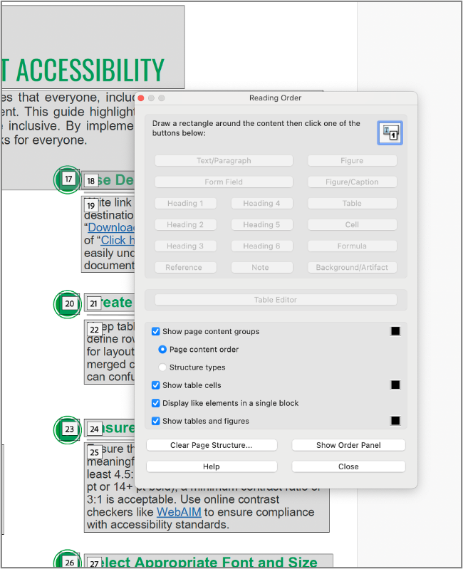 Reading Order Dialogue box. Screenshot of the Reading Order dialogue box.