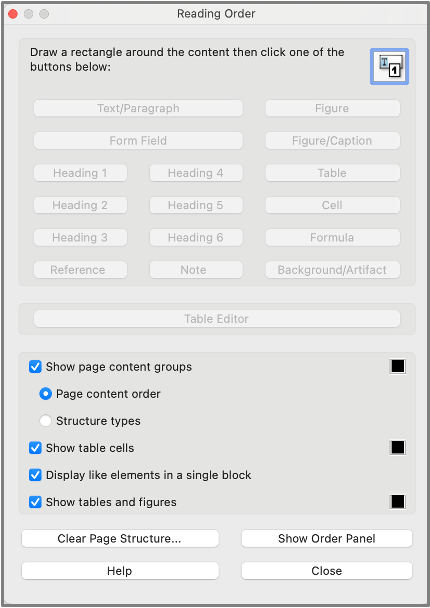 Reading Order Dialogue Box Screenshot of the Reading Order dialogue box