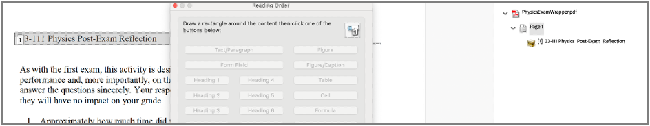Content in the Reading Order Pane Screenshot of where content is located in the Reading Order Pane once it is tagged.