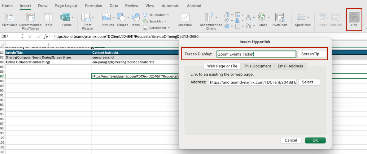 Screenshot of adding descriptive links to a URL in Excel.