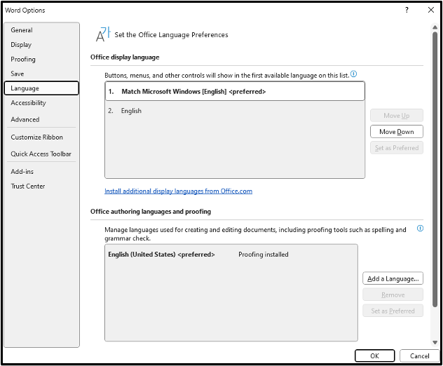 Screenshot of where to set the Document language in Windows..