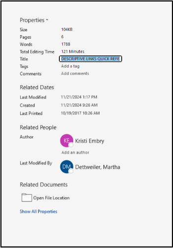 Screenshot of location to set the Document Title in Windows.