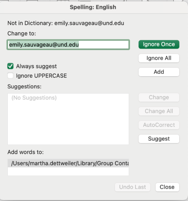 Screenshot of the Spell check dialogue box.