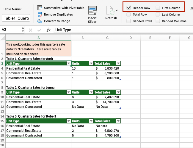 Table Header Row Screenshot showing where you can semantically add a Table Header Row in Excel.