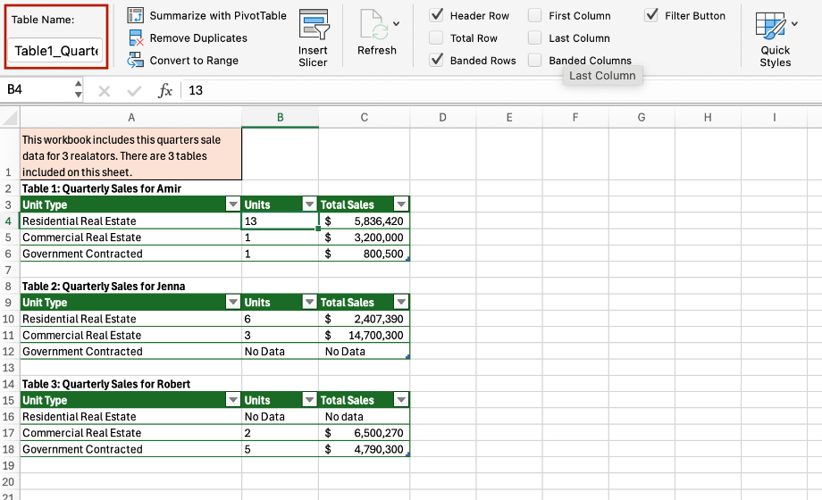 Table Titles Screenshot showing where a table title can be entered in the Table Design Tab.