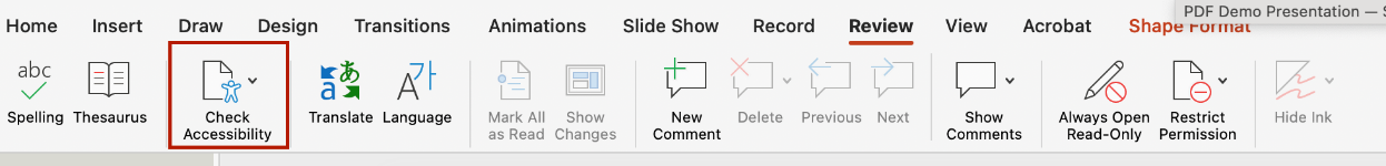 Screenshot of the Check Accessibility tool in PPT.