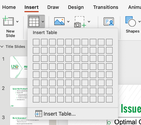 Screenshot of the Insert Table option in PPT.