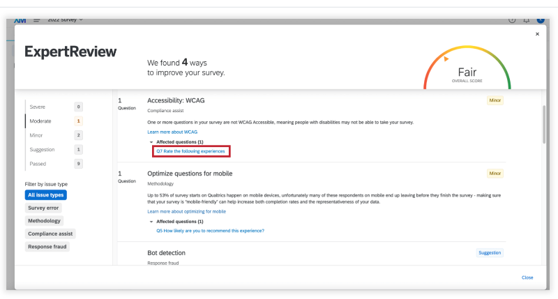 Survey Accessibility Tool Screenshot showing recommended accessibility suggestions identified by the Survey Accessibility Tool.