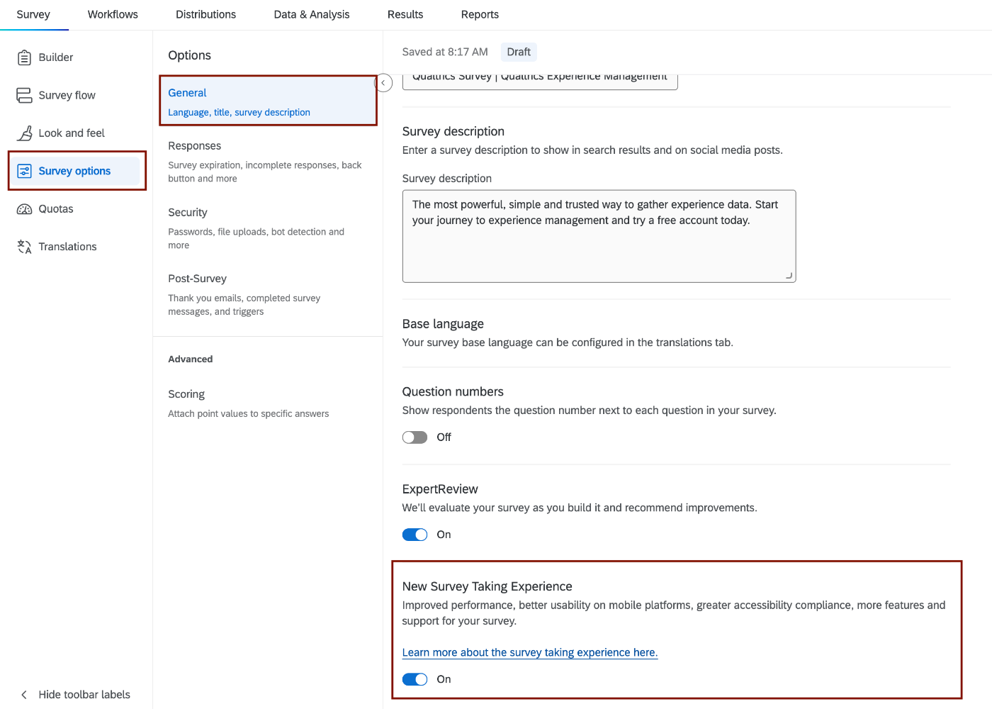 Manually Activate the New Survey Taking Experience Screenshot of the menu location where users can manually enable the New Survey Taking Experience.
