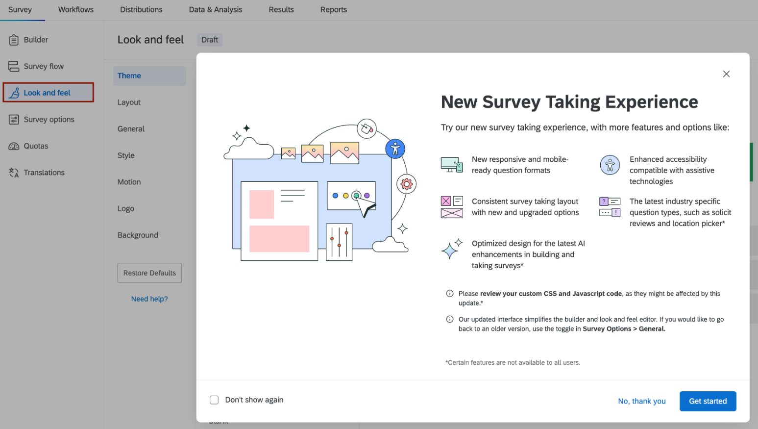 Activate the New Survey Taking Experience Screenshot of the pop-up dialogue box for the New Survey Taking Experience. It populates when users click on the Look and Feel tab.