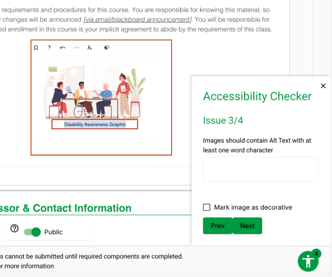 Accessibility Checker in Action- Simple Syllabus Screenshot of the Accessibility Checker in Simple Syllabus