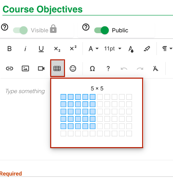 Add a Table in Simple Syllabus Screenshot of Insert Table tool in Simple Syllabus