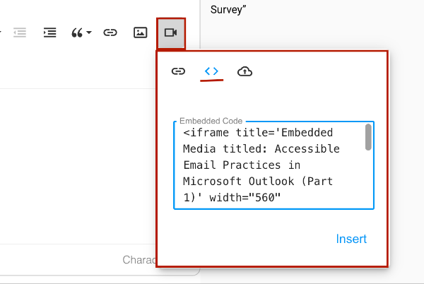Add a Video with an Embed Code Screenshot of Embed Video button in the Insert Video menu