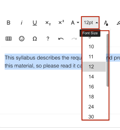 Apply Font Size in Simple Syllabus Screenshot of Font Size button in Simple Syllabus