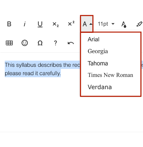 Apply font styles in Simple Syllabus Screenshot of Font Family button in Simple Syllabus