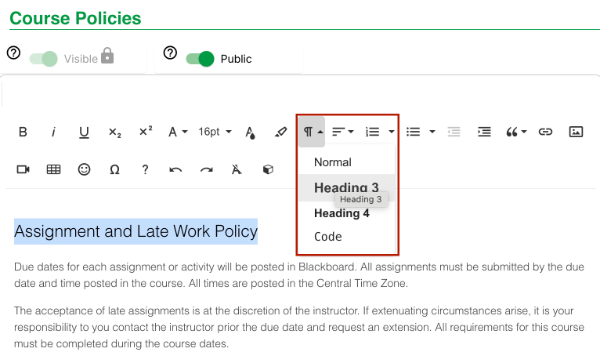 Add headings in Simple Syllabus Screenshot of how to add headings in Simple Syllabus