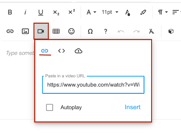Add a Video using a URL Screenshot of the URL button in the Insert Video menu