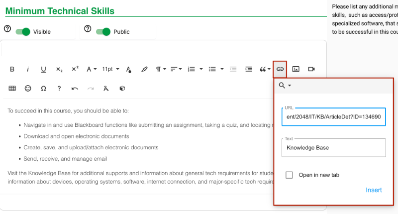 Applying Links in Simple Syllabus Screenshot of Insert Link button in Simple Syllabus