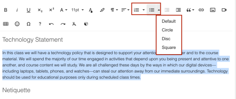 Add lists in Simple Syllabus Screenshot of pre-set list icon in Simple Syllabus