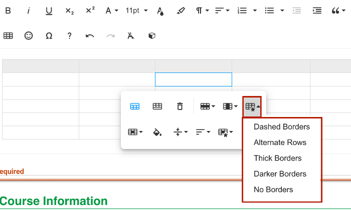 Style a Table in Simple Syllabus Screenshot of the Style Table tool in the Table Settings menu