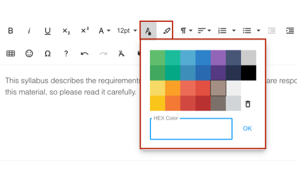 Edit Text Color and Text Background in Simple Syllabus Screenshot of Text Color and Text Background tool in Simple Syllabus