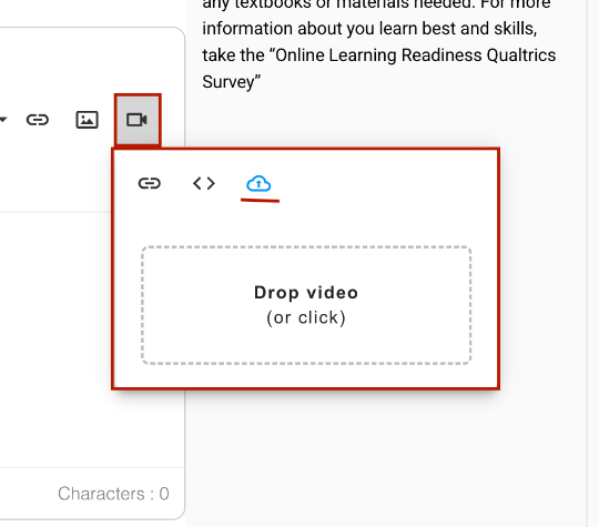 Insert an Uploaded Video into Simple Syllabus Screenshot of Upload Video button in the Insert Video menue