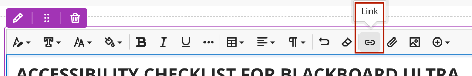 Link button Screenshot of the Link button in the Bb Ultra Content Editor.