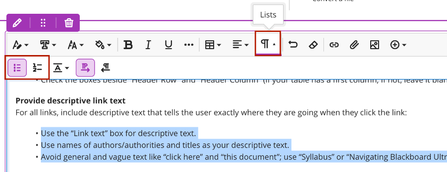 Apply Pre-Set List Styles Screenshot of the List button in the Bb Ultra Content Editor.