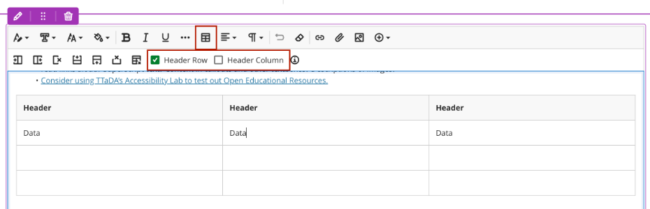 Header Row and Header Column options Screenshot of how to add a header row and header column to a table in the Bb Ultra Content Editor.