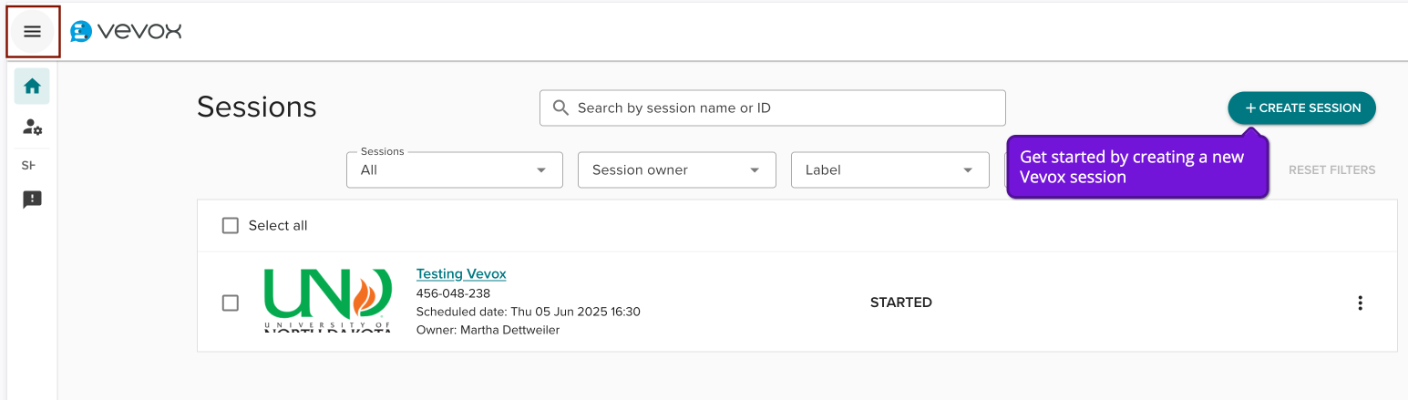 Hamburger Menu Hamburger Menu on the Creator Dashboard in Vevox