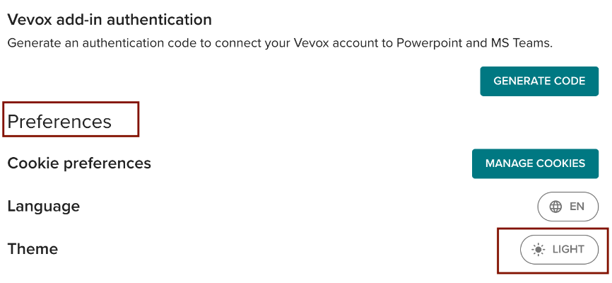 Preferences option Preference option in the Creator Dashboard of Vevox