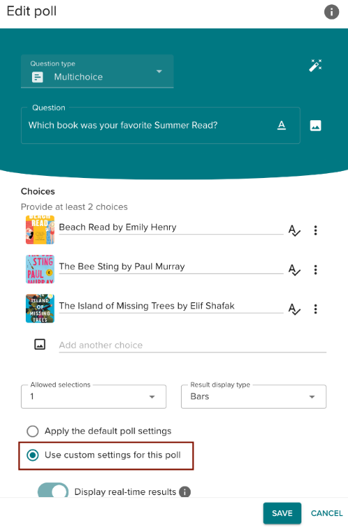 Use Custom Settings Enable the Use Custom Settings for this Poll option to disable the countdown timer music.
