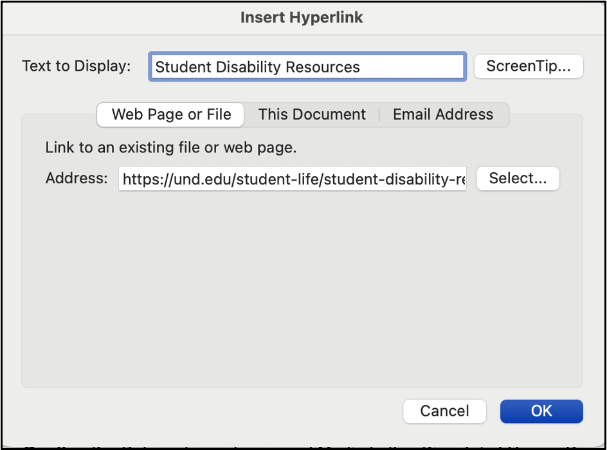 Screenshot of the Insert Hyperlink dialogue box. New descriptive text has been added.