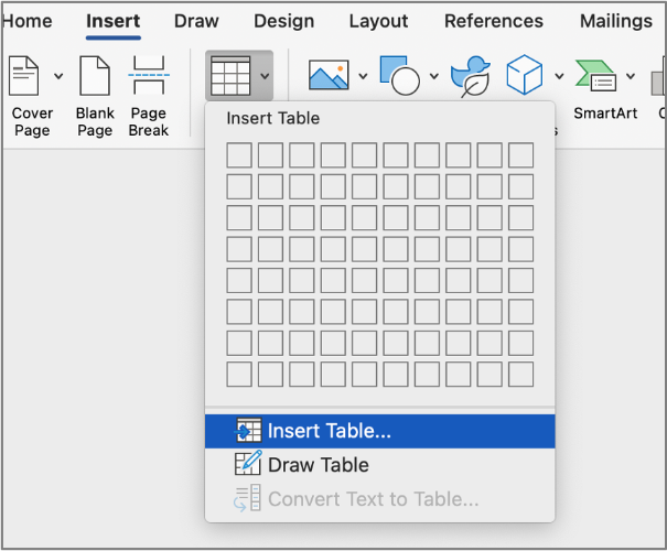 Screenshot of the Insert Table Dialogue box.
