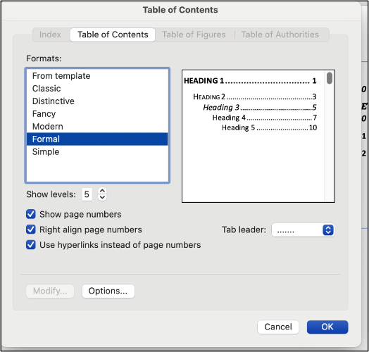 Screenshot of the Table of Contents Editor pane