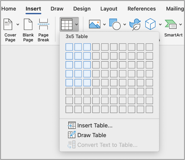 Screenshot of the Insert Table tab.