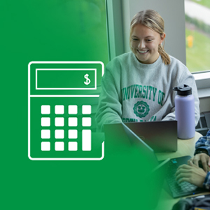 Branded graphic with calculator icon